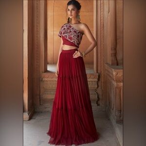 Lehenga Burgundy Net Gathered Skirt Set Size XS / 2